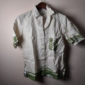 Alemais 100% Linen Shirt and Shorts Set Green Ivory Floral Embroidery US 2 1815T